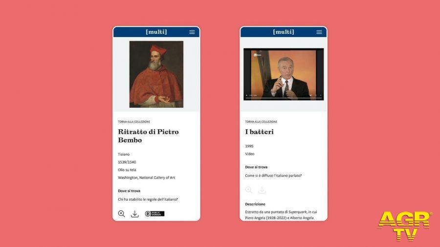 Multi Schermate da mobile raffiguranti la sezione Collezione con i reperti il Ritratto di Pietro Bembo di Tiziano (a sinistra) e l'estratto di una puntata di SuperQuark del 1995 (a destra) Project