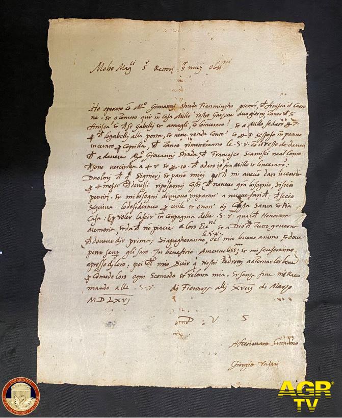 I Carabinieri Tutela Patrimonio Culturale recuperano a Londra una preziosa lettera manoscritta di Giorgio Vasari datata 18 marzo 1566