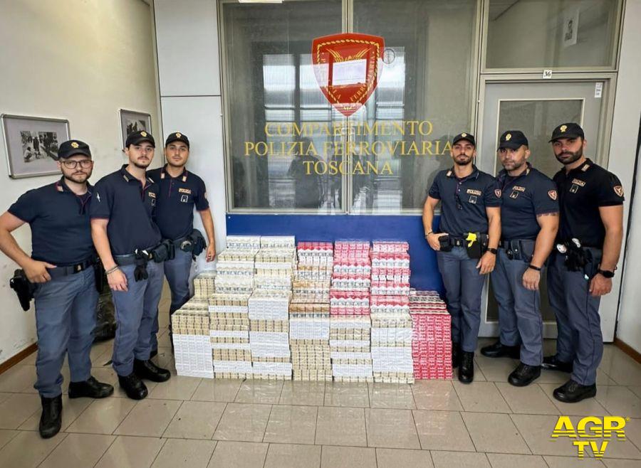 138 chilogrammi di sigarette di contrabbando sequestrati nella stazione Fs di Firenze Santa Maria Novella dalla Polizia di Stato a bordo di un treno alta velocità