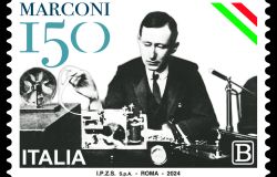 Filatelia, francobollo commemorativo di Guglielmo Marconi nel 150° anniversario della nascita