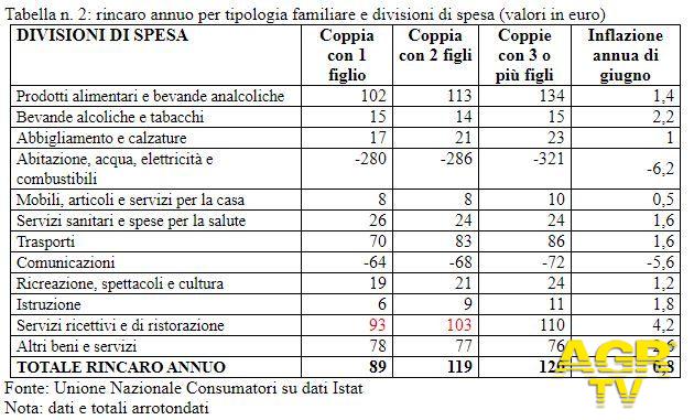 Tabella n. 2: rincaro annuo per tipologia familiare e divisioni di spesa (valori in euro)