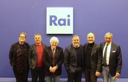 da sinistra: A. Nesi ( Adnkronos), D. Mignardi (Promopressagency), F. Casinelli (Ufficio Stampa RAI), P. Sommaruga (Caporedattore TG1 RAI), M. Bartoletti (Giornalista e conduttore tv).