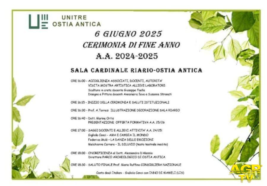 Cerimonia di Fine Anno Accademico 2024/2025 di Unitre Ostia Antica Cerimonia di Fine Anno Accademico 2024/2025 di Unitre Ostia Antica