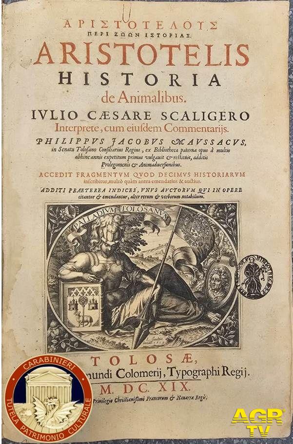 ARISTOTELIS HISTORIA DE ANIMALIBUS il volume recuperato e restituito dai Carabinieri ARISTOTELIS HISTORIA DE ANIMALIBUS il volume recuperato e restituito dai Carabinieri