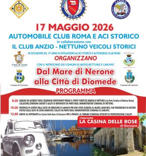 ACI Ruote nella storia 2026: Dal mare di Nerone alla città di Diomedeauto storiche a Nettuno, Lanuvio e Genzano