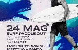 Locandina protesta Surf Paddle out del 24 maggio al pontile