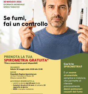 30 maggio, Giornata Mondiale senza Tabacco, iniziativa di screening gratutio per la prevenzione del tumore al polmone