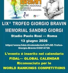 Atletica: a Roma 59° edizione del Trofeo Giorgio Bravin sabato 13 giugno stadio Paolo Rosi