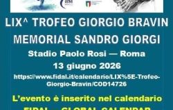 Atletica: a Roma 59° edizione del Trofeo Giorgio Bravin sabato 13 giugno stadio Paolo Rosi
