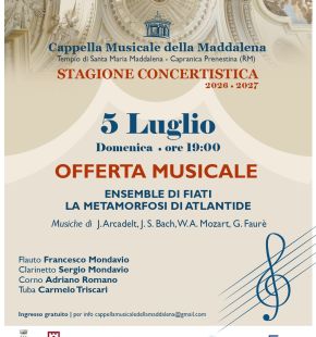 Capranica Prenestina, Concerto Ensemble di Fiati La Metamorfosi di Atlantide” il 5 Luglio Cappella Musicale Maddalena