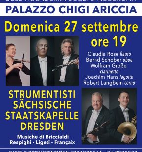 Ariccia, il 27 settembre gli strumentisti a fiato della Staatskapelle di Dresda al Palazzo Chigi