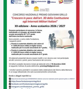 XII Premio nazionale Giovanni Grillo, tema dell'anno scoastico 2026/2027: Gli Internati Militari Italiani