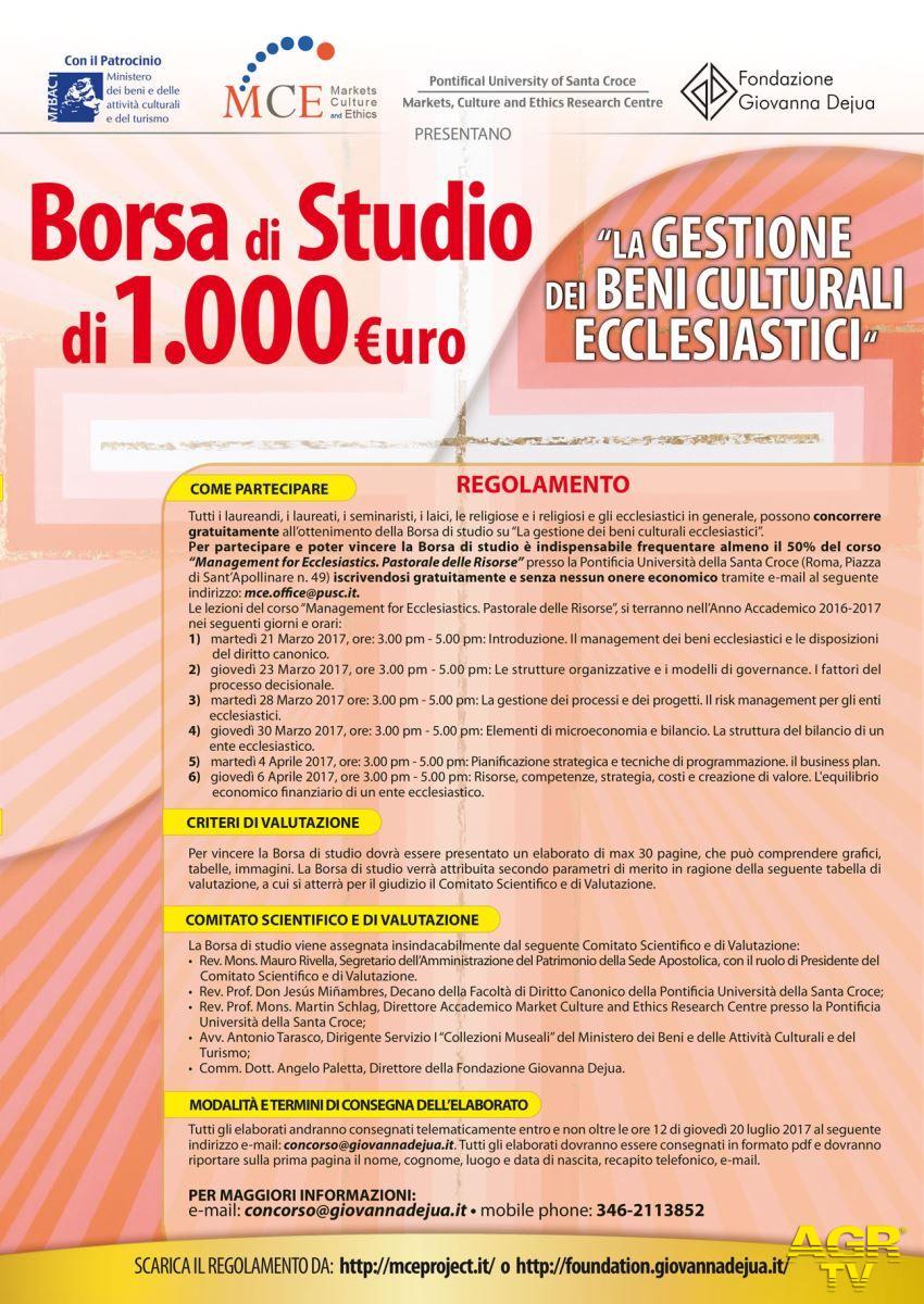 Gestione beni ecclesiastici, borsa di studio dalla fondazione Giovanni Dejua