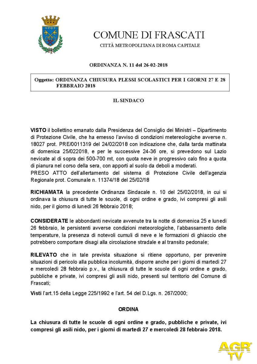 Comune di Frascati: Chiusura plessi scolastici per i giorni 27 e 28 Febbraio 2018