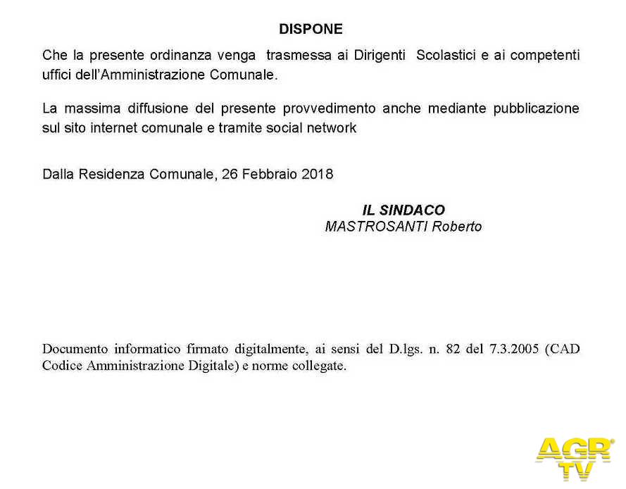 Comune di Frascati: Chiusura plessi scolastici per i giorni 27 e 28 Febbraio 2018
